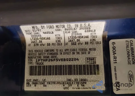 1997 Ford F-250 Xl from USA, damaged, VIN 1FTHF26F5VEB02204